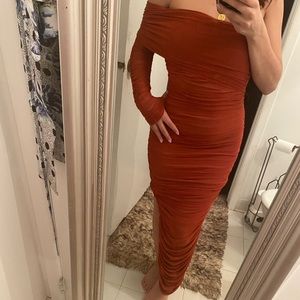 One shoulder burnt orange midi dress